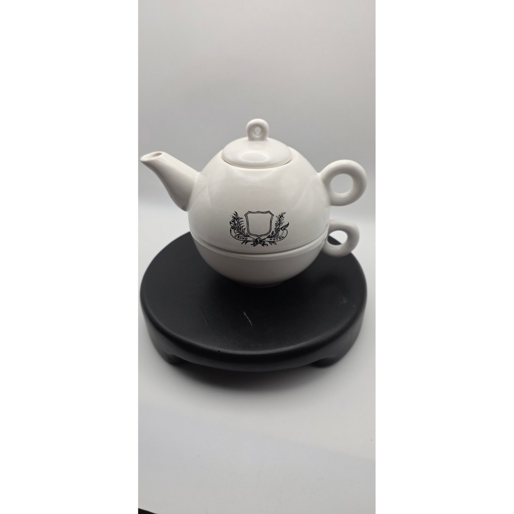 Grand Hotel Tea for One Set White Ceramic Stackable Teapot and Cup Crest Logo
